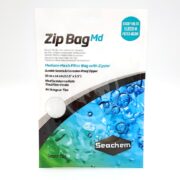 The SEACHEM ZIP BAG MD 12.5X5.5 packaging features a filter bag with a zipper, showcasing its blue and green water-themed design, durable seams, and the capacity to hold 1 liter of filter media.