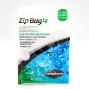 The SEACHEM ZIP BAG LARGE 19X17 boasts a large-mesh filter bag with a corrosion-proof zipper and durable seams. Its packaging showcases vibrant blue and green water imagery, highlighting its features and capacity.