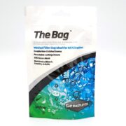 The SEACHEM THE BAG 5X9.5 package features a vibrant design with blue and green water droplets. This durable filter bag includes non-stitched seams, a resealable closure, and is resistant to bleach, caustics, and acids.