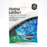 The image displays a package of SEACHEM MATRIX CARBON 100ML/40G (1.4OZ), known for its High Efficiency Spherical Carbon, ideal for Marine & Freshwater use, effectively treating 40 US gallons (150 liters).