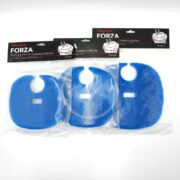 Three AQUATOP COARSE FILTER PAD FORZA-SERIES, each blue, semi-circular with a top cutout, are neatly displayed in clear plastic bags labeled with the brand and product name.
