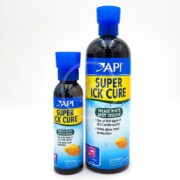 Two API SUPER ICK CURE LIQUID bottles, ideal for white spot disease in fish. Blue bottles with yellow parts and a fish image are available in 4 oz for minor uses and 16 oz for larger treatments.