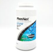A white plastic container of SEACHEM PHOSNET 250G (8.8OZ) is displayed, showcasing its label indicating it contains synthetic granular ferric oxide (GFO) designed to rapidly remove phosphate and silicate. Its efficiency and reliability make it a preferred choice for aquarists.