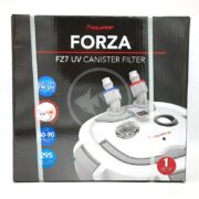 A boxed AQUATOP FORZA UV Canister Filter for 60-90 gallon aquariums features a built-in 7W UV sterilizer, a max flow rate of 295, and is secured with protective straps. It includes a badge indicating a 1-year warranty.