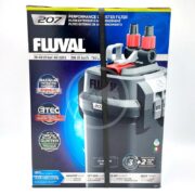 The image shows a boxed FLUVAL CANISTER FILTER, perfect for 20-45 US gallon aquariums. The box highlights its maximum filtration capacity, quiet operation, AquaStop valve, and lift-lock clamps—hallmarks of a premium Fluval filter.