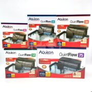 Boxes of Aqueon QuietFlow LED PRO and Aqueon QuietFlow Power filters are neatly displayed, covering models for 10 to 75-gallon tanks. Each box showcases the filters images, water surface, and comprehensive specs for ideal aquarium care.