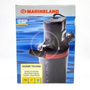 The image displays the Marineland Magnum Polishing Internal Canister Filter box, highlighting its capacity to provide crystal-clear water at 290 GPH - 97 JH. The packaging is set against a blue, aquatic-themed background.