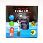 The AQUATOP FORZA HANG ON POWER FILTER 5-15 GAL is ideal for aquariums up to 15 gallons. It features a 45 GPH flow rate, includes a PFE1-RC1 carbon cartridge, and is marketed as beneficial for shrimp and invertebrates to maintain a healthy aquatic habitat.