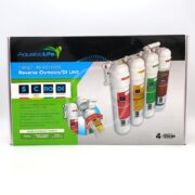 The AQUATIC LIFE TWIST-IN RO DI 4 STAGE 100 GPD features color-coded Sediment, Carbon, RO Membrane, and DI Cartridge filters. Designed for wall-mount installation, it delivers compact efficiency and impeccable water quality for all aquatic needs.