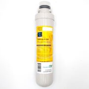 A cylindrical filter cartridge with a white body, detailed yellow label about its carbon block filter, and the AQUATIC LIFE RO TWIST CARBON CARTRIDGE brand prominently at the bottom, providing key product information against a plain white background.