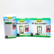 Displayed are boxes of TETRA BIO-BAG CARTRIDGES containing one ready-to-use and two unassembled packs. They highlight filter compatibility and feature a Stay Clean graphic, underscoring the convenience and efficiency of the cartridges.