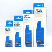 Four SEACHEM TIDAL FOAM 2 PACK boxes, labeled Tidal 35, Tidal 55, Tidal 75, and Tidal 110 from left to right, are arranged in ascending size order with each displaying a blue foam image on the front.