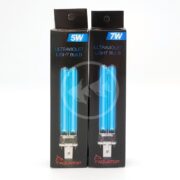 Two boxes of AQUATOP UV BULB replacements next to each other: the left is 5W and the right is 7W. Both have images of blue bulbs on a black background, with the prominent Aquatop logo below.