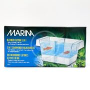 The MARINA 2 IN 1 FLOATING FISH HATCHERY box features an image of the transparent plastic tank with two goldfish and multilingual text emphasizing its versatile design, perfect for breeding tanks.