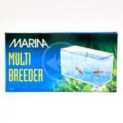 The MARINA MULTI BREEDER BOX features blue and green packaging with an illustration of a clear breeding container, two orange fish inside, and a nature-themed background adorned with leaves.