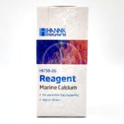 The HANNA MARINE CALCIUM REAGENTS, designed for the HI758 Checker HC, come in white packaging with blue and red accents. These premium reagents allow for about 25 tests, providing precise marine water analysis.