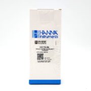 Hanna Instruments HI775-26 Freshwater Alkalinity Reagent box features a blue logo, QR code, and includes one 30 mL lab-use reagent. The white packaging is accented with black and blue text to ensure analysis accuracy.