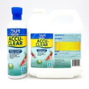 Two API POND ACCU-CLEAR bottles, a smaller and a larger one, both with blue caps and colorful labels showcasing koi fish and lilies, promise rapid pond water clarity.