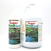Two bottles of SUPER POND FLUSH CLARIFIER, one smaller and one larger, have vibrant labels explaining their role in solving pond issues, improving water quality, and providing safety for aquatic life.