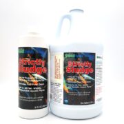 Two containers of Pond Flush Strictly Sludge are displayed: a 32 fl oz bottle and a one-gallon jug. Ideal for pond maintenance, they include detailed descriptions and usage instructions, effectively eliminating odors and sludge buildup.