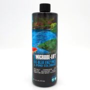 The 16 oz Microbe Lift Bio Blue Pond Colorant, in a black bottle with a vibrant pond scene label, provides guidance on beautifying decorative ponds, fountains, and water features using its unique enzymes and color-enhancing formula.