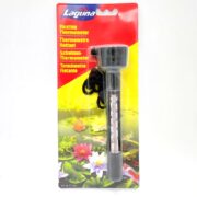 The LAGUNA FLOATING THERMOMETER packaging features a sleek black float, clear tube with a temperature scale, and vibrant water lilies on a pond, with multilingual text highlighting its global appeal.