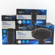 Displayed are the PONDMAX UNIVERSAL FOUNTAIN KITs for models No.10, No.30, and No.40. Each black and blue box shows images of fountain heads with features like multiple nozzles and an extendable riser, showcasing the versatility of PondMAX products.