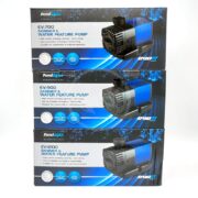 Three boxes of PONDMAX EV Skimmer and Water Feature Pumps, models EV-7000, EV-9000, and EV-12000, are neatly stacked. The packaging features a sleek blue and black design with pump images displayed against a white background.