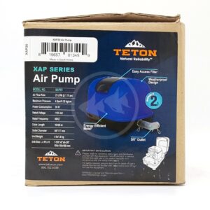 Box of a TETON DIAPHRAGM POND AIR PUMP showcasing product features: easy access filter, waterproof design, energy-efficient motor, and 5/8 outlet. Warranty and contact info included, along with visible barcode and serial number.