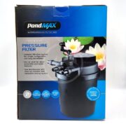 The image displays a PONDMAX UV PRESSURE FILTER box, emphasizing its straightforward installation, maintenance, and effective filtration. The packaging spotlights the filter itself against a backdrop of graceful water lilies.