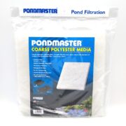 The PONDMASTER COARSE POLYESTER MEDIA packaging features size and details for pond filtration, with a front image showcasing the product and aquatic plants at the bottom, all within clear plastic containing the white media.