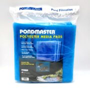 The PONDMASTER POLYESTER MEDIA PADS 3 FINE packaging highlights the sets efficient pond filtration capability with three fine blue pads, emphasizing debris removal, reusability, and compatibility with Pondmaster 1000/2000 filters.