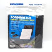 The Pondmaster Carbon/Coarse Replacement Media packaging displays a visible filter pad, features blue and black branding with product details, and includes an illustration of a pond scene with flowers.