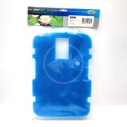 The PONDMAX FILTER PAD SF650 packaging features floral imagery and a barcode on the top. The blue pad, enclosed in clear plastic, has a rectangular cutout with rounded side notches for a perfect fit.