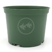 The GREEN ROUND PLANTER 6X4.5 is a plain green, round plastic pot with two drainage holes and a subtle design of two opposite-facing stylized fish.