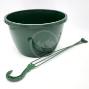 The ROUND PLANTER 11X7 W/ HANGING HOOK is a green plastic pot with a detachable hook and chain for easy hanging. It features a wide rim and smooth finish, sitting elegantly on a white surface, ready to enhance any space.