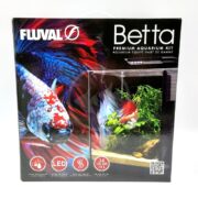 The FLUVAL PREMIUM BETTA KIT 10 L (2.6 GAL) features a vibrant betta fish with a compact aquarium setup and lush plants, highlighting energy-efficient LED lighting and a 2.6-gallon capacity on its label.