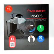 Image of the AQUATOP PISCES NANO BOW TANK KIT, showcasing a shrimp and fry guard, touch-sensitive LED lighting, 5-gallon capacity, 53-gallon flow rate, and includes a Bioplate with quick-change filter cartridge for convenience.