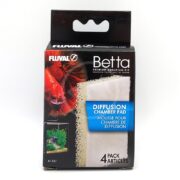 The FLUVAL BETTA DIFFUSION CHAMBER PAD 4 PK features vibrant packaging with a red Betta fish and calm aquarium scene, ideal for aquariums.