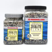 Two Marineland Zeolite Carbon Diamond Blend Media containers for aquariums are side by side, one smaller and one larger. Both feature a blue label detailing the powerful blend used for ammonia neutralization.