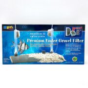 The blue packaging for LEES PREMIUM UNDER GRAVEL FILTER features a fish graphic, images of filter components, and detailed text emphasizing its benefits and features for both freshwater and saltwater aquariums.