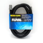 FLUVAL RIBBED HOSING 106 206 107 207 A20014, in coiled black with gray connectors, features a blue and white Fluval label. It measures 2.5 m (8.5 ft) long and 14.5 mm in diameter, compatible with models 106/107 and 206/207.