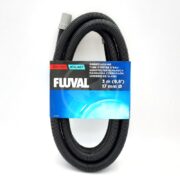 The FLUVAL RIBBED HOSING 306 406 307 407 A20015 measures 3 meters (9.8 feet) with a diameter of 17 mm. Packaged with multilingual text on a blue gradient, this coiled black hose ensures global usability and premium quality.