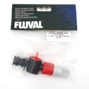 A close-up of the FLUVAL FX PURGE VALVE A20219 replacement part shows it in packaging, labeled in multiple languages and priced at $21.99. This essential component features a black and red design, includes a plastic tag, and prominently displays branding on top.