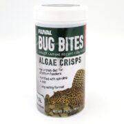 A jar of FLUVAL BUG BITES ALGAE CRISPS 3.52 oz fish food offers a high-protein diet for bottom feeders, enriched with spirulina and kelp for optimal nutrition in every bite.