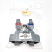 A sealed bag showcases the AQUATOP FORZA FZ9 Aquastop Disconnect Valve for $24.99, designed for efficiency with distinct red and blue connections, set against a plain white background.