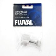 The FLUVAL FX LID FASTENER A20215 is a sealed replacement part in clear plastic on blue and white cardboard with multilingual Replacement Part text in English, French, German, Spanish, Italian, and Portuguese.