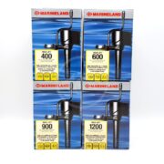 Four MARINELAND MAXIJET MULTI USE PUMP boxes are stacked, each showing a black pump image with models 400, 600, 900, and 1200 against a blue background that details voltage and liters per hour for each model.