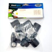 A plastic bag of PONDMAX REPLACEMENT FITTINGS for pond gardening, showing pink and white water lilies on a blue-green backdrop, with a label indicating its an authentic PondMAX part.