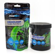 Image of PONDMAX AQUABLOOM PLANT FERTILIZER products: A resealable bag with 25 tablets features green plants and blue water, while a black jar shares the design, ideal for aquatic life care.